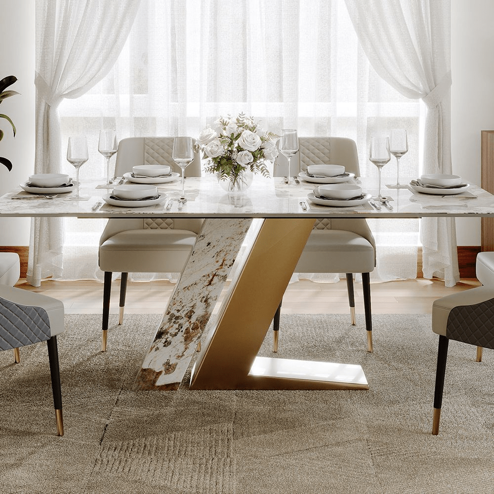 63" White & Gold Glossy Sintered Stone Dining Table - Exclusivia