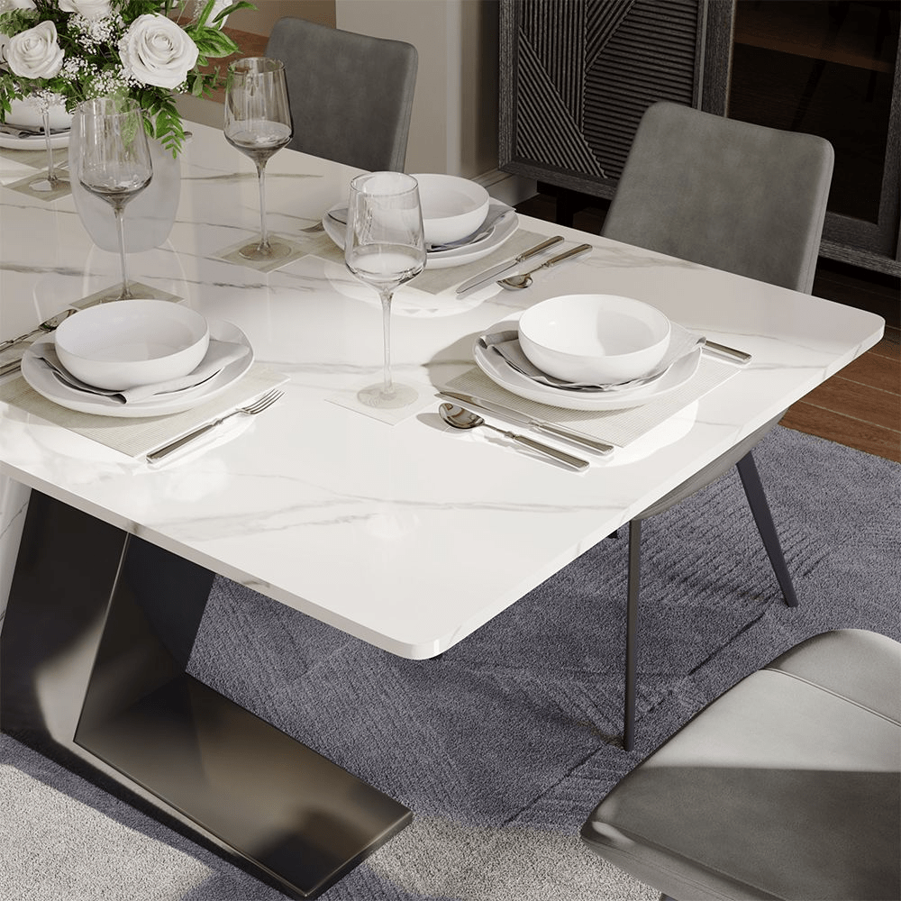 63" White & Gold Glossy Sintered Stone Dining Table - Exclusivia