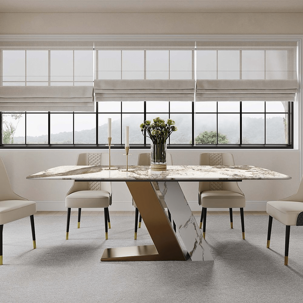 63" White & Gold Glossy Sintered Stone Dining Table - Exclusivia