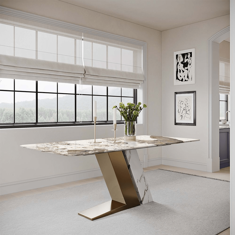 63" White & Gold Glossy Sintered Stone Dining Table - Exclusivia