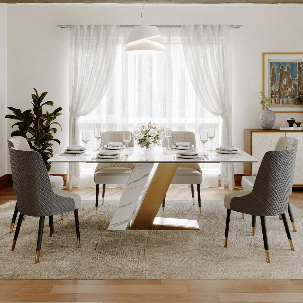 63" White & Gold Glossy Sintered Stone Dining Table - Exclusivia