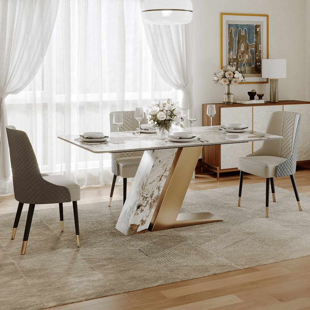 63" White & Gold Glossy Sintered Stone Dining Table - Exclusivia