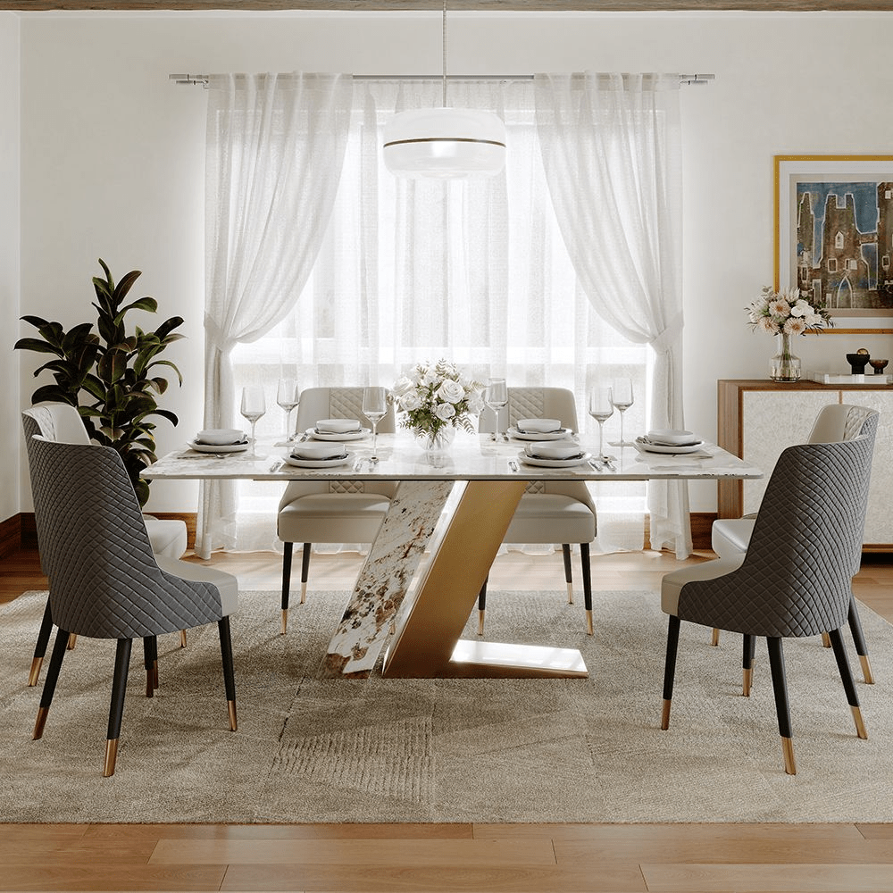 63" White & Gold Glossy Sintered Stone Dining Table - Exclusivia
