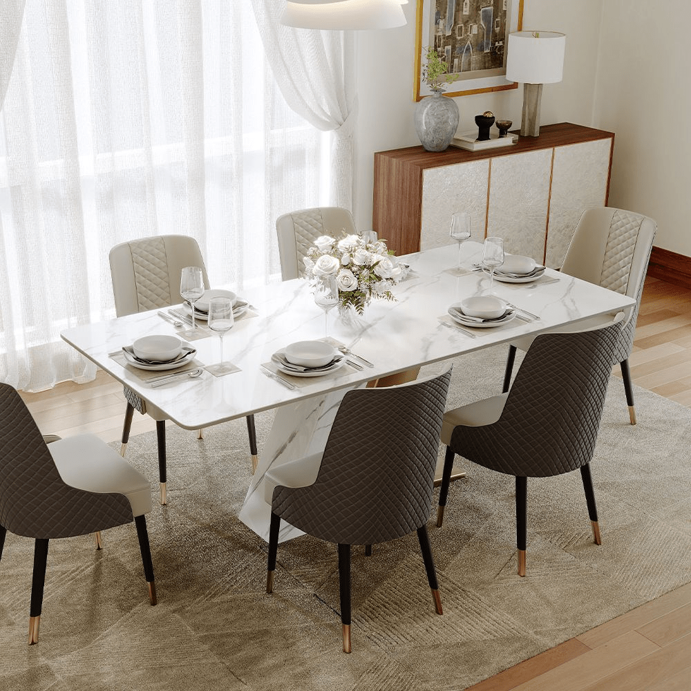 63" White & Gold Glossy Sintered Stone Dining Table - Exclusivia