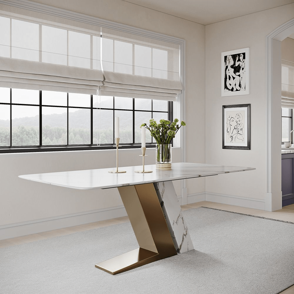 63" White & Gold Glossy Sintered Stone Dining Table - Exclusivia