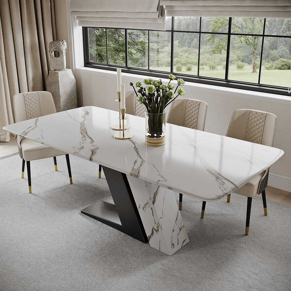 63" White & Gold Glossy Sintered Stone Dining Table - Exclusivia
