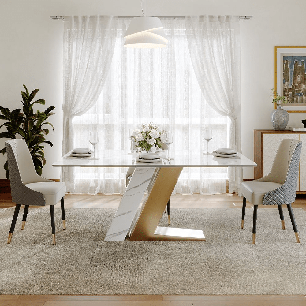 63" White & Gold Glossy Sintered Stone Dining Table - Exclusivia