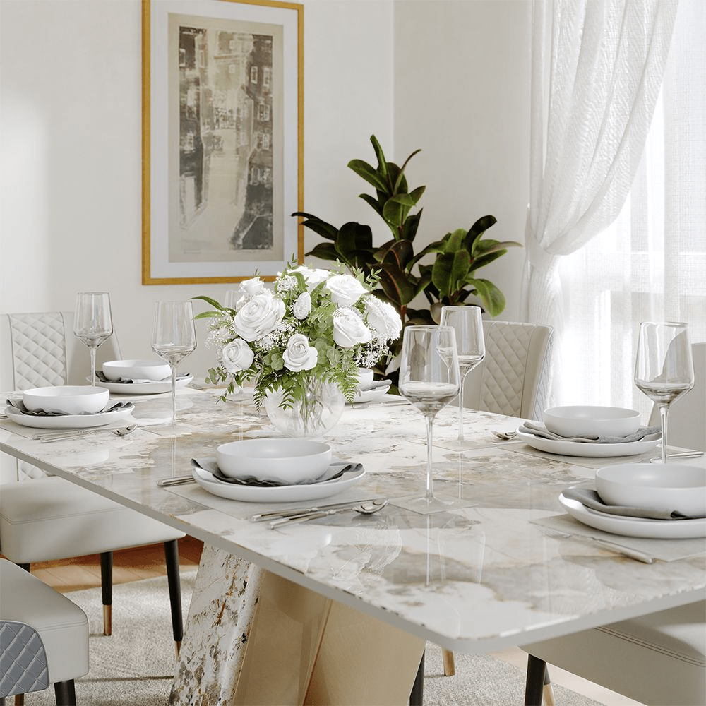 63" White & Gold Glossy Sintered Stone Dining Table - Exclusivia