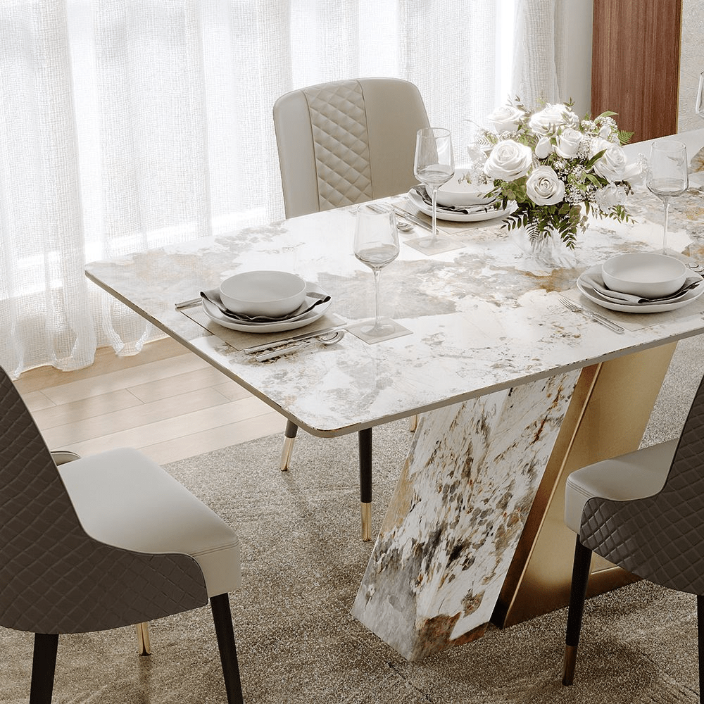 63" White & Gold Glossy Sintered Stone Dining Table - Exclusivia