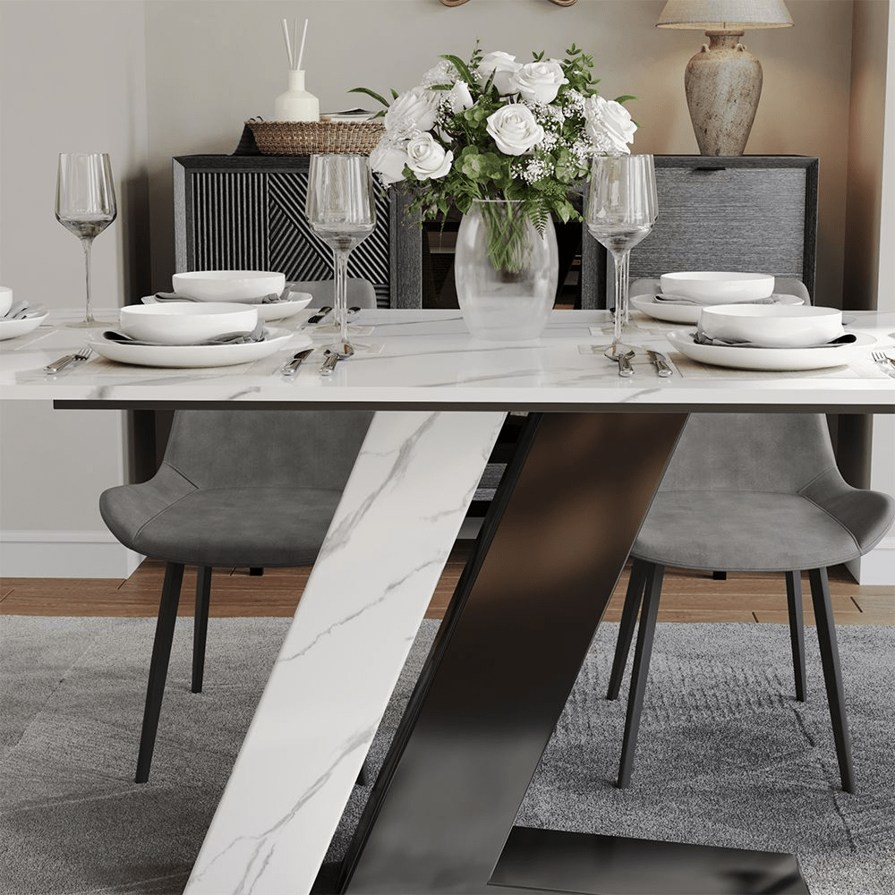 63" White & Gold Glossy Sintered Stone Dining Table - Exclusivia
