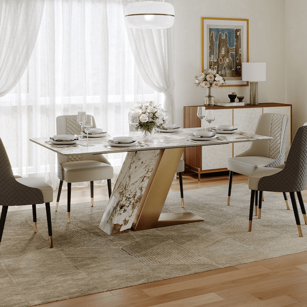 63" White & Gold Glossy Sintered Stone Dining Table - Exclusivia