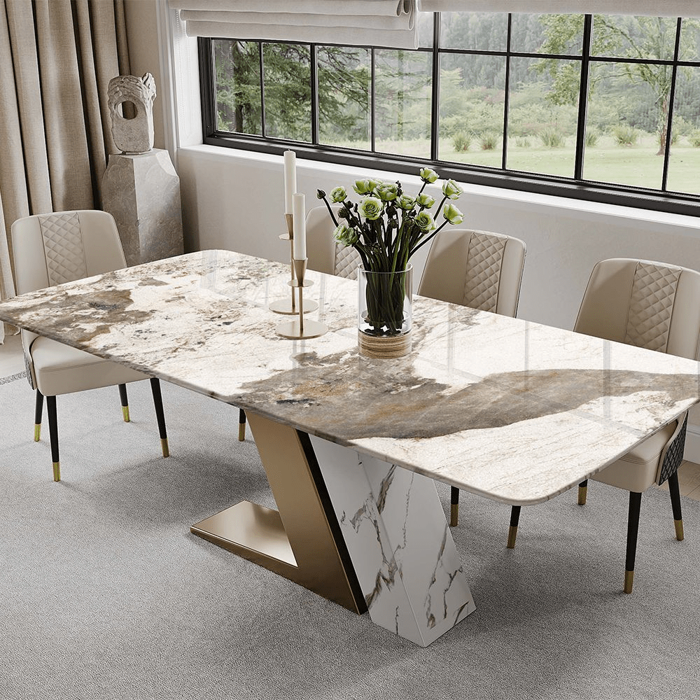 63" White & Gold Glossy Sintered Stone Dining Table - Exclusivia