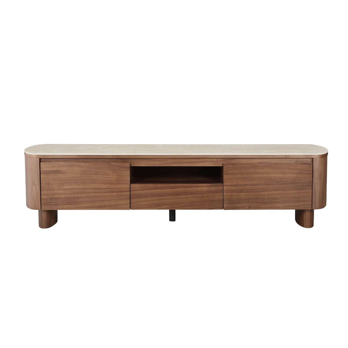 CLAVON Classic Open Shelf TV Stand with Travertine Top - Exclusivia