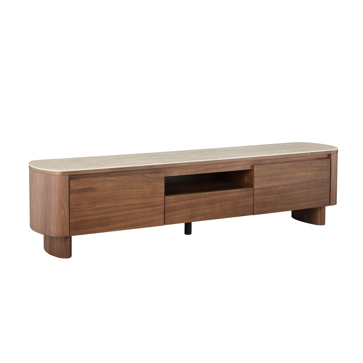 CLAVON Classic Open Shelf TV Stand with Travertine Top - Exclusivia