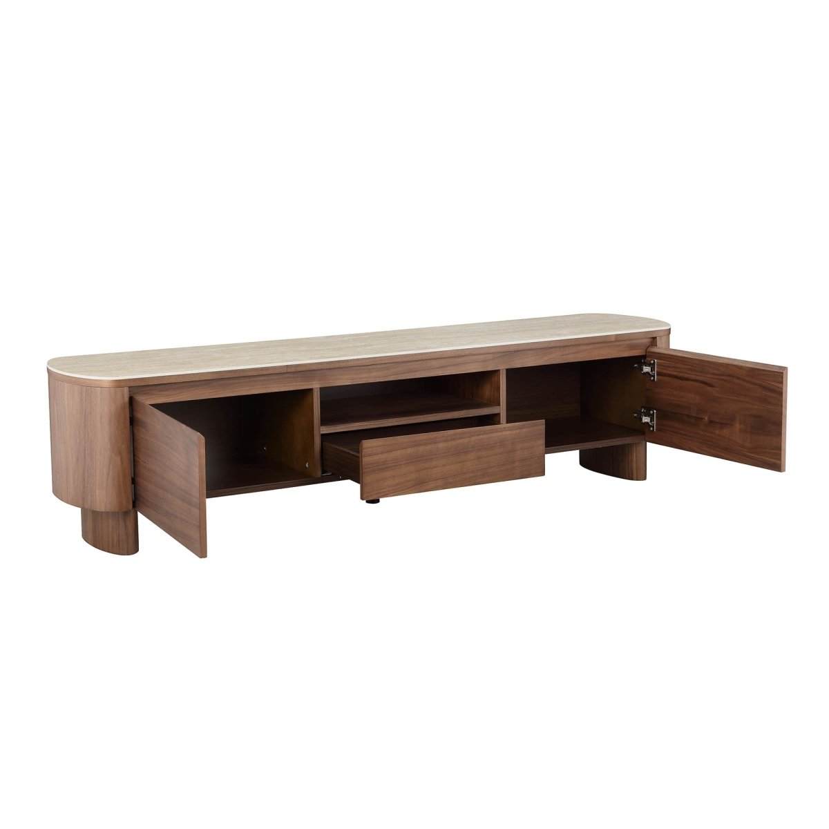 CLAVON Classic Open Shelf TV Stand with Travertine Top - Exclusivia