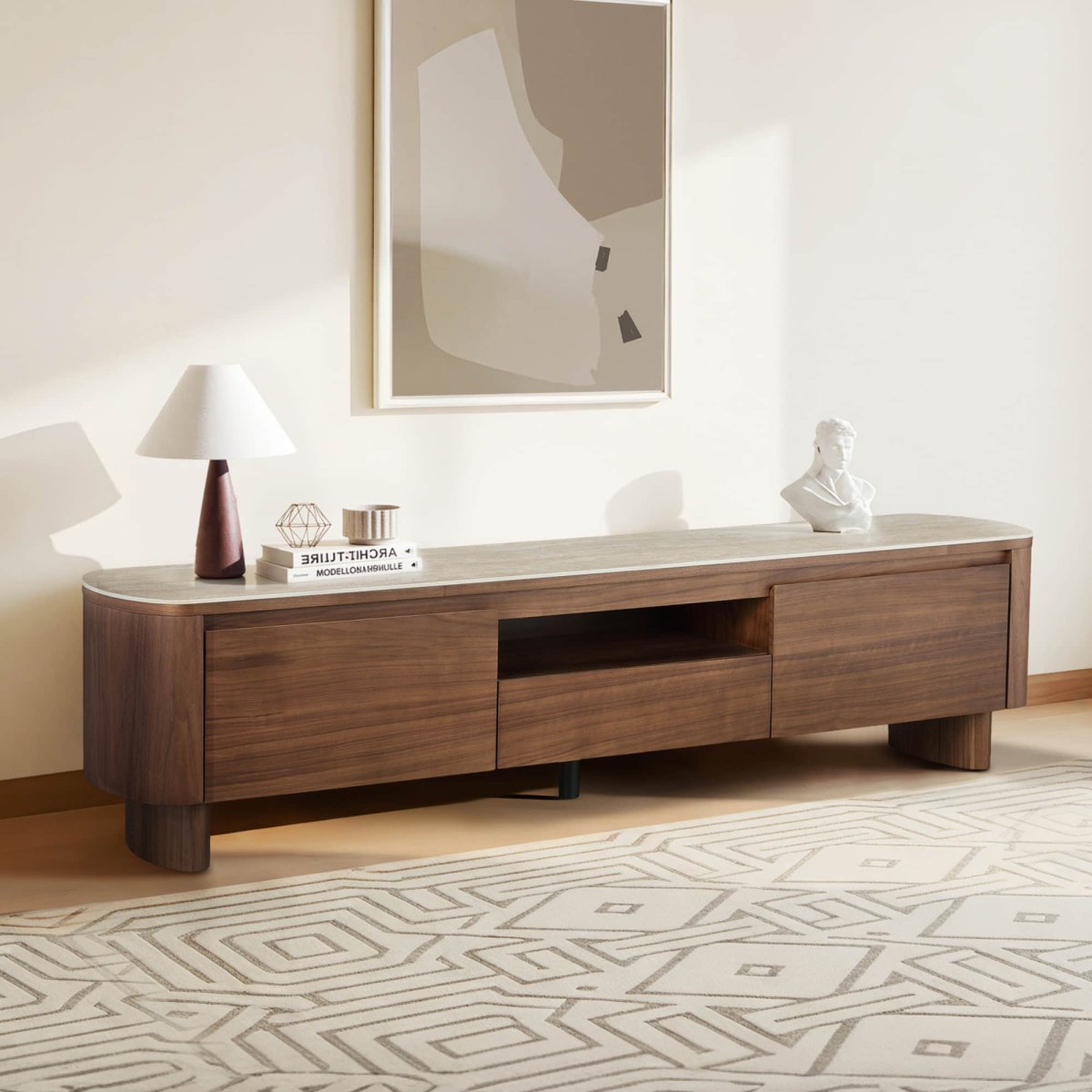 CLAVON Classic Open Shelf TV Stand with Travertine Top - Exclusivia