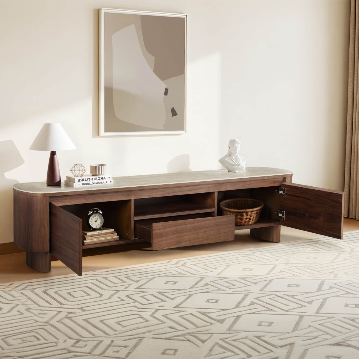 CLAVON Classic Open Shelf TV Stand with Travertine Top - Exclusivia