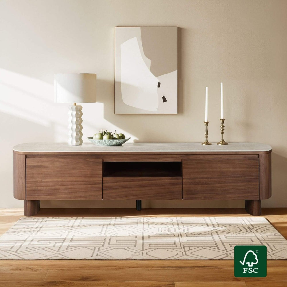 CLAVON Classic Open Shelf TV Stand with Travertine Top - Exclusivia