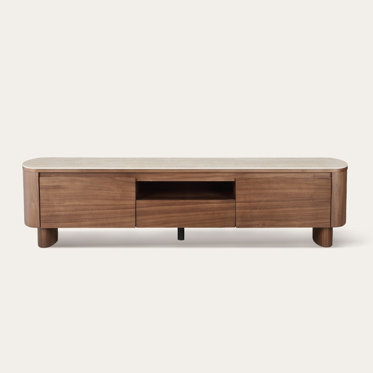 CLAVON Classic Open Shelf TV Stand with Travertine Top - Exclusivia