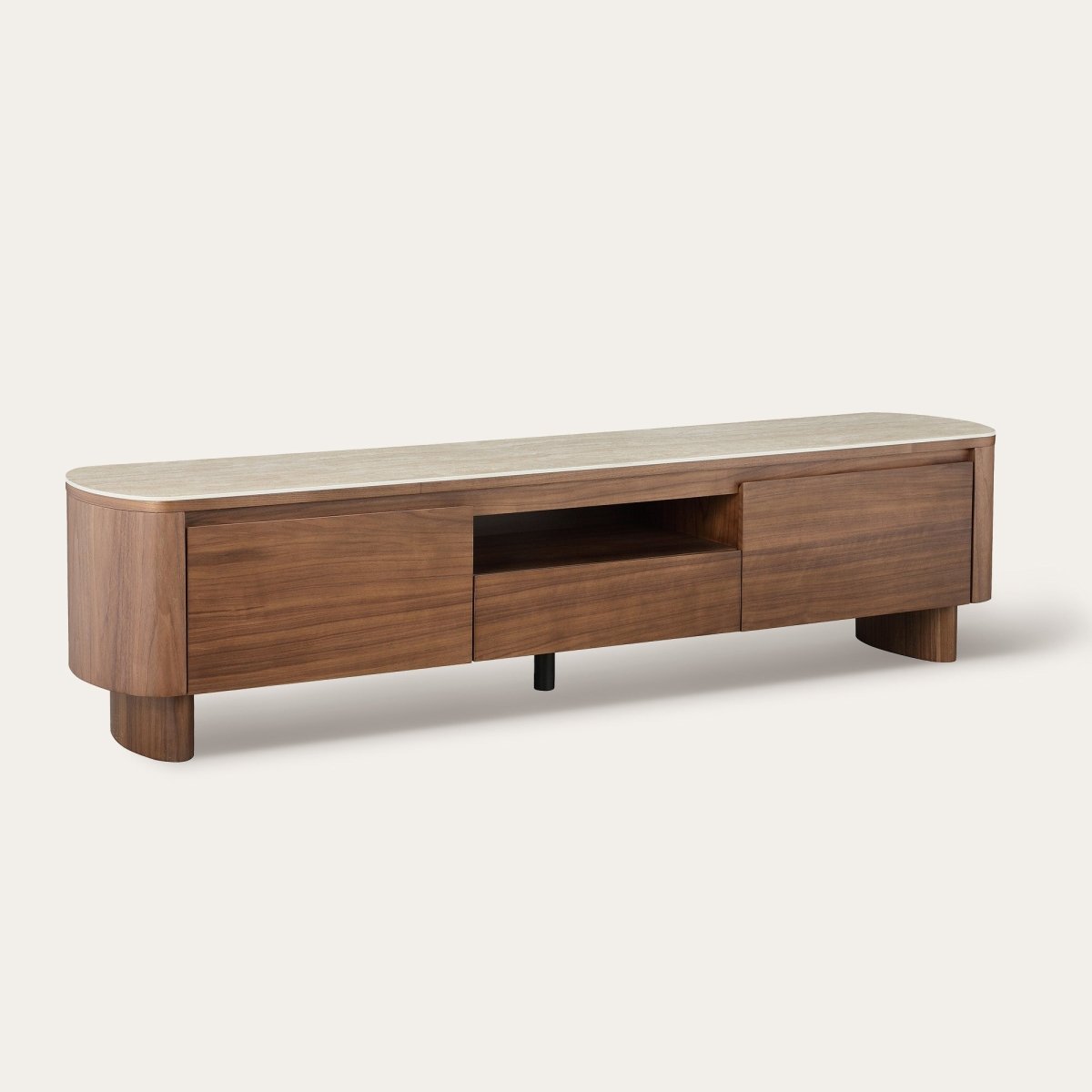 CLAVON Classic Open Shelf TV Stand with Travertine Top - Exclusivia