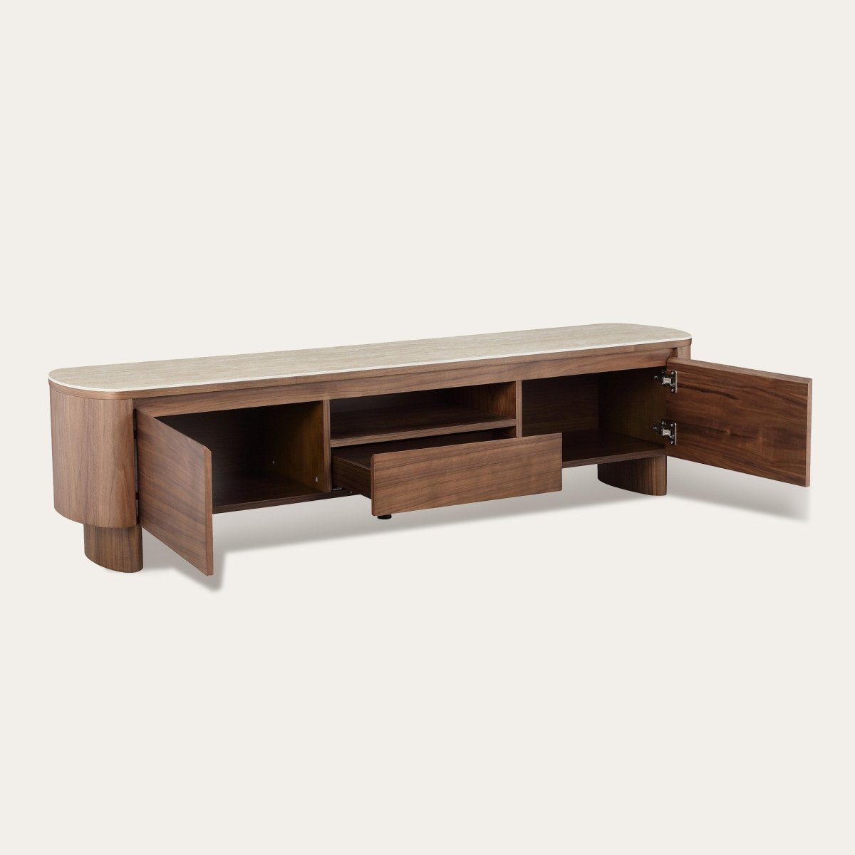 CLAVON Classic Open Shelf TV Stand with Travertine Top - Exclusivia