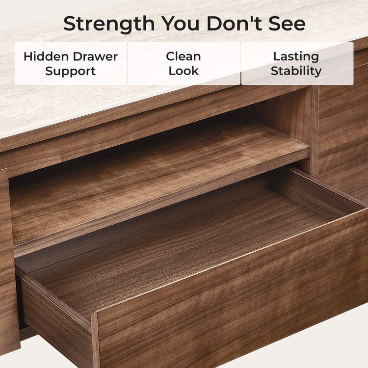 CLAVON Classic Open Shelf TV Stand with Travertine Top - Exclusivia
