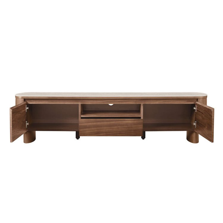 CLAVON Classic Open Shelf TV Stand with Travertine Top - Exclusivia