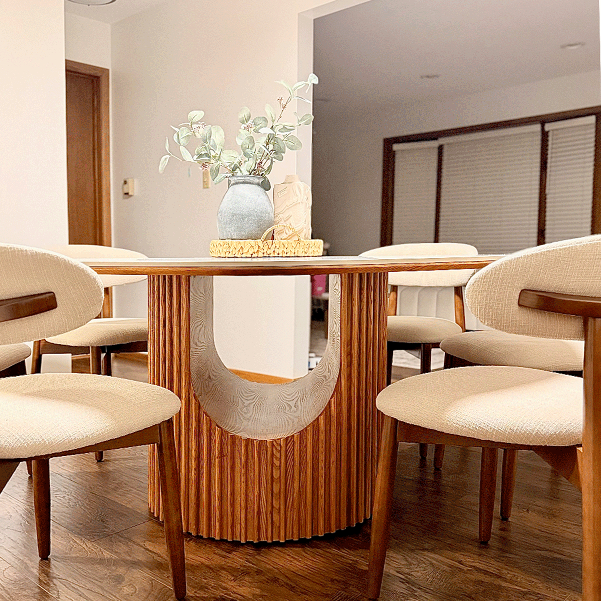 Silva Round Glossy Sintered Stone & Walnut Wood Dining Table