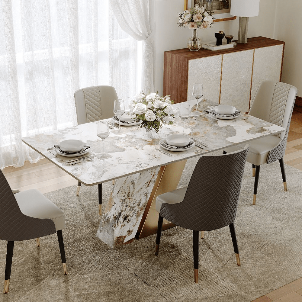Aurelia Luxe – 63" White & Gold Glossy Sintered Stone Dining Table - Exclusivia