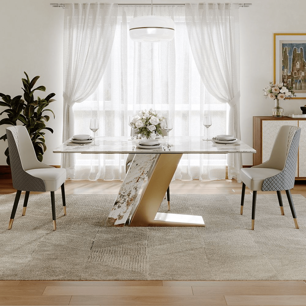 Aurelia Luxe – 63" White & Gold Glossy Sintered Stone Dining Table - Exclusivia