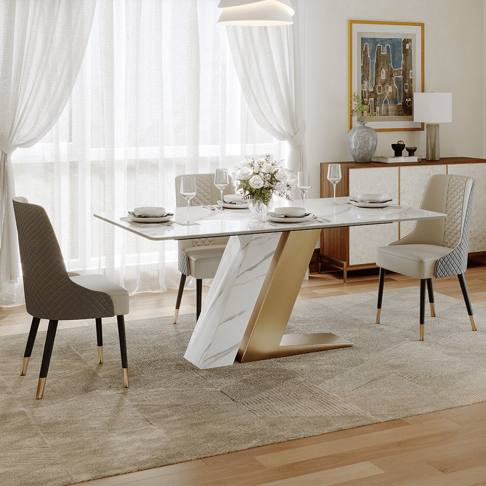 Aurelia Luxe – 63" White & Gold Glossy Sintered Stone Dining Table - Exclusivia
