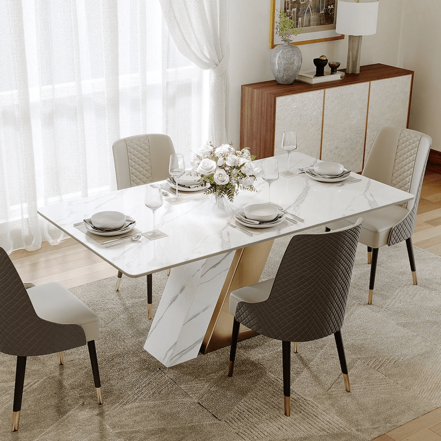 Aurelia Luxe – 63" White & Gold Glossy Sintered Stone Dining Table - Exclusivia