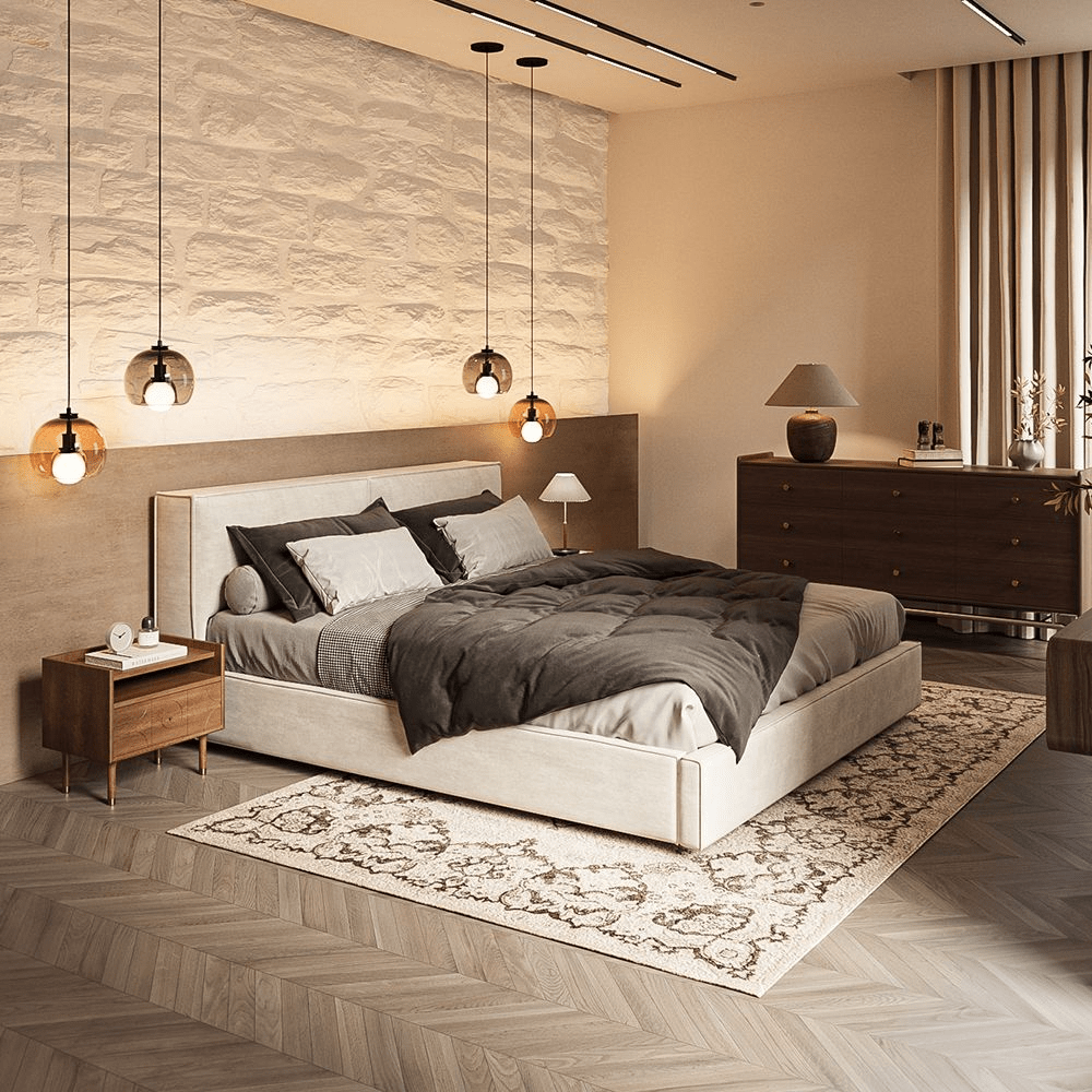 Bloc – Upholstered Platform Bed (Beige) - Exclusivia