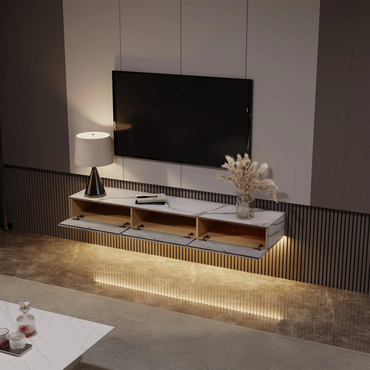Float 280 cm Modern Sintered Stone Floating TV Console - Exclusivia