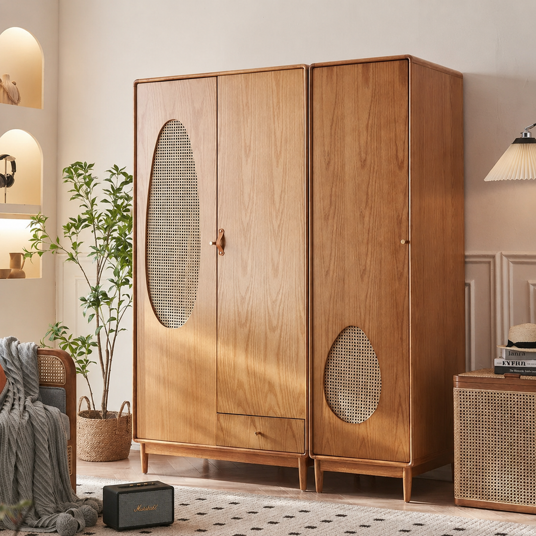 Flora Solid Wood Rattan Wardrobe