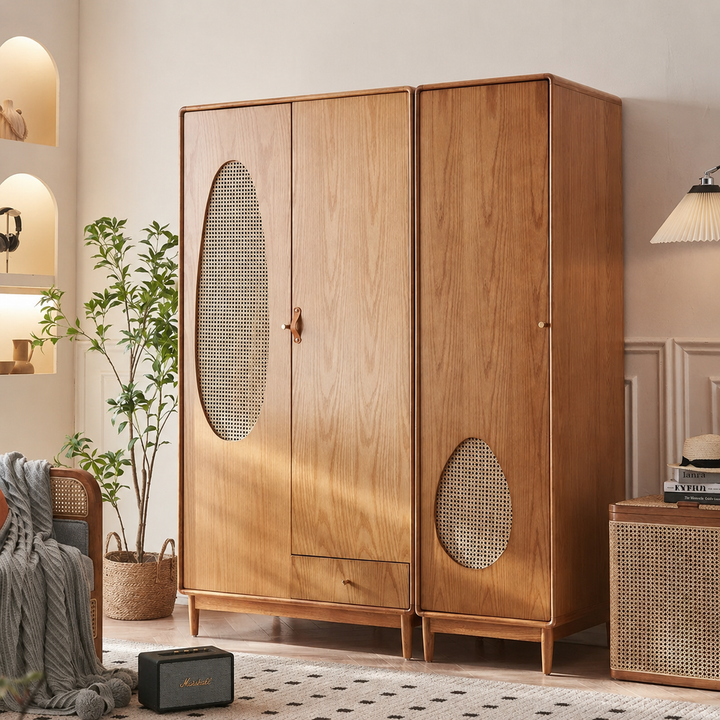 Flora Solid Wood Rattan Wardrobe