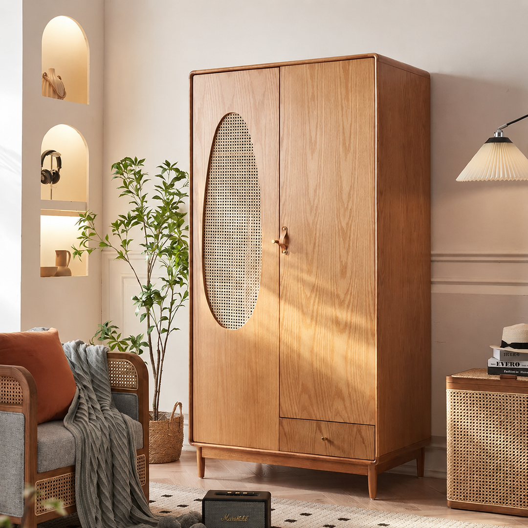Flora Solid Wood Rattan Wardrobe