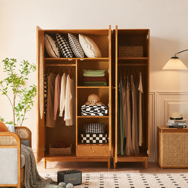 Flora Solid Wood Rattan Wardrobe