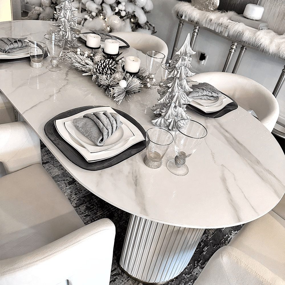 Lira – Oval White Glossy Sintered Stone Dining Table - Exclusivia