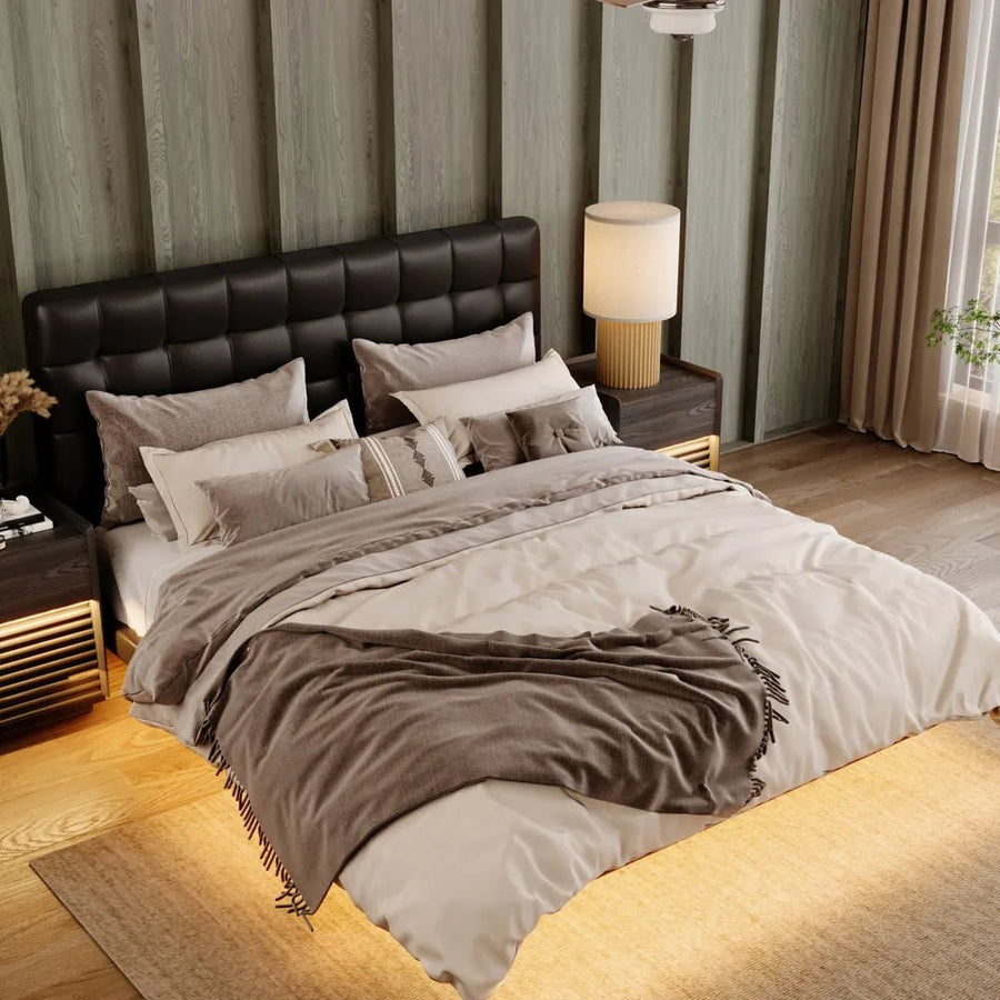 Lumo 156 cm Waffle Leather Floating Bed with Smart Lighting - Exclusivia