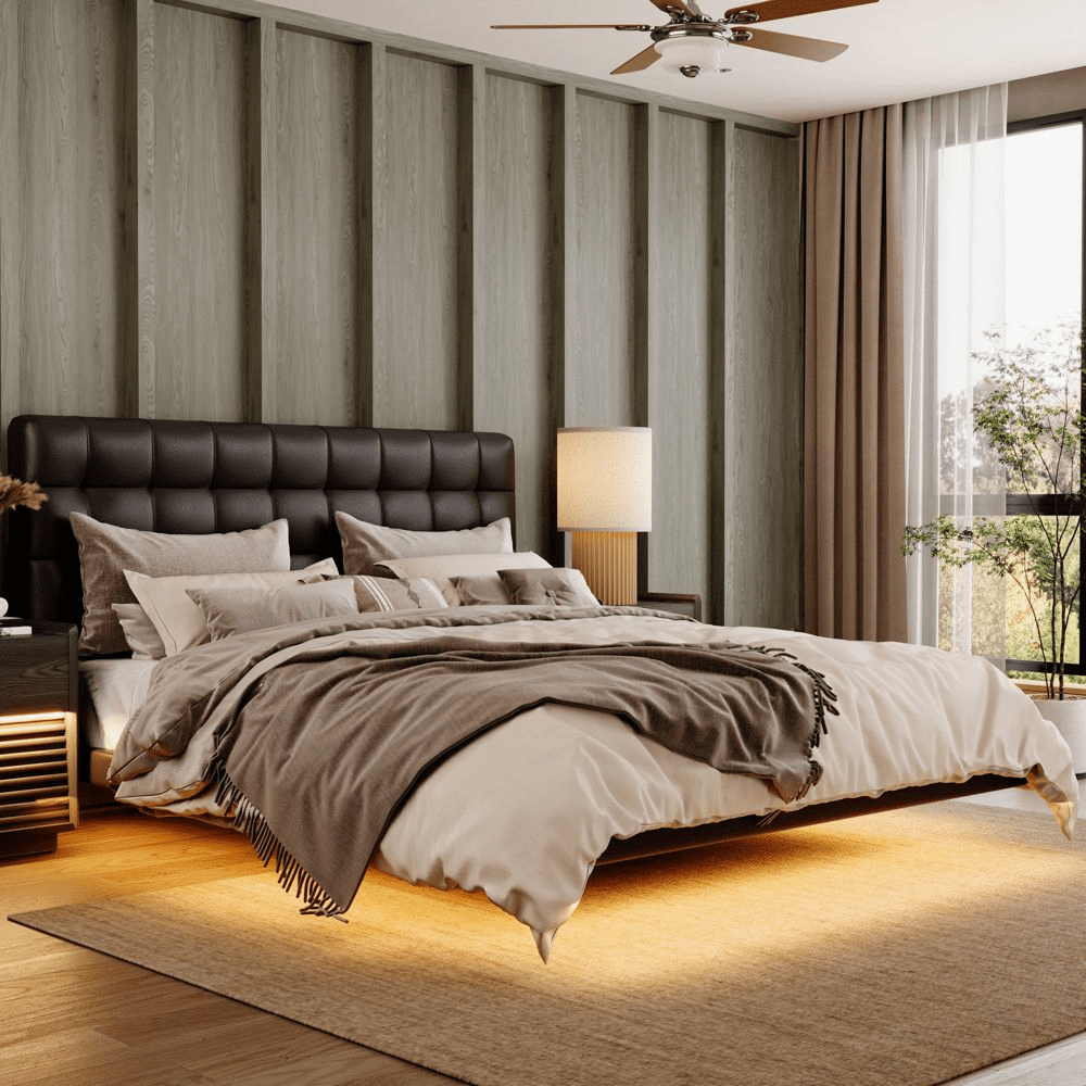 Lumo 156 cm Waffle Leather Floating Bed with Smart Lighting - Exclusivia