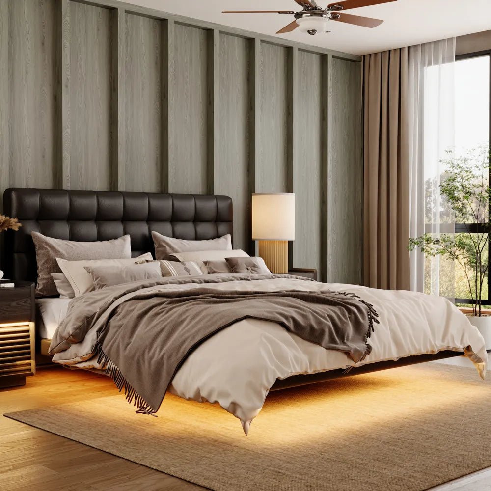 Lumo 156 cm Waffle Leather Floating Bed with Smart Lighting - Exclusivia