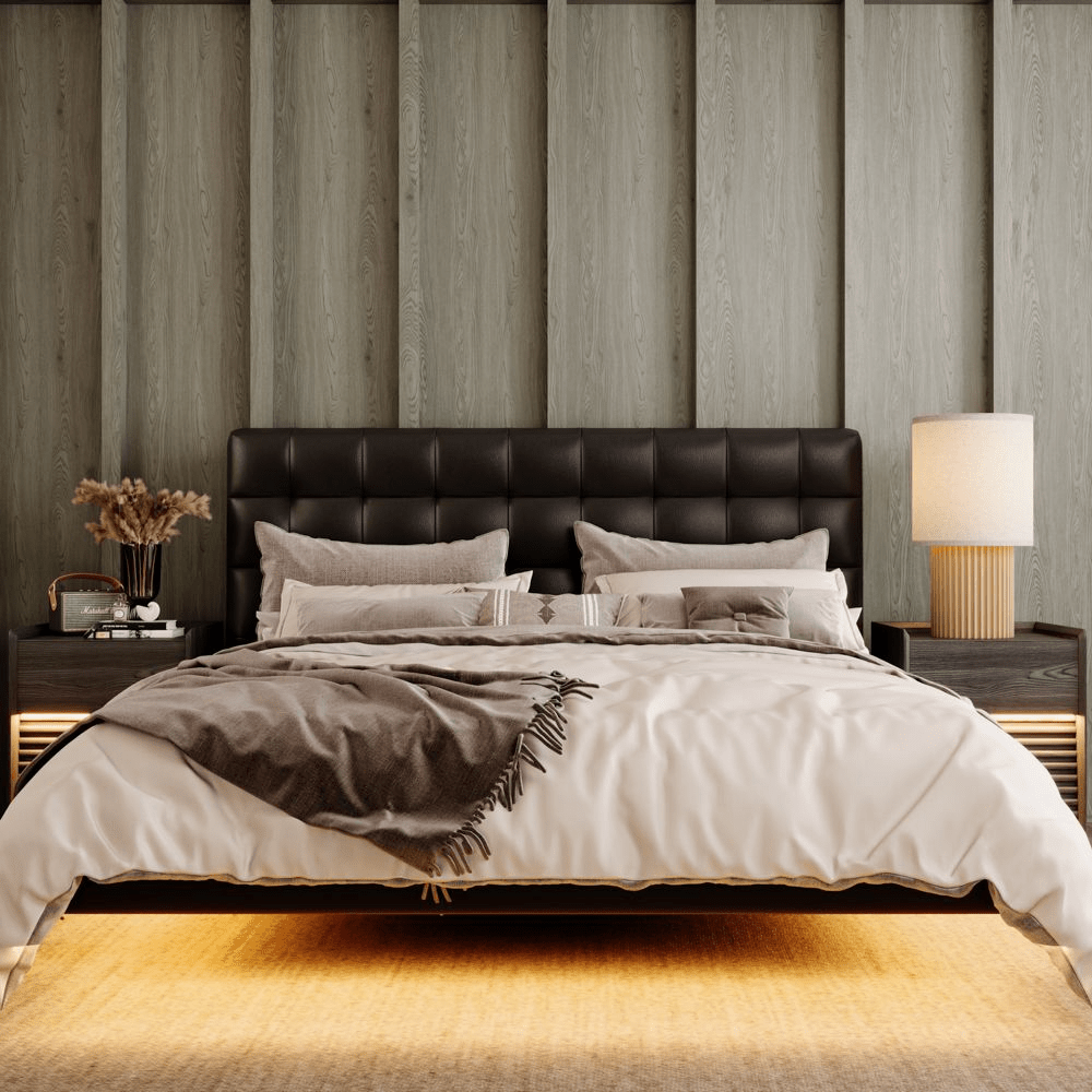 Lumo 156 cm Waffle Leather Floating Bed with Smart Lighting - Exclusivia