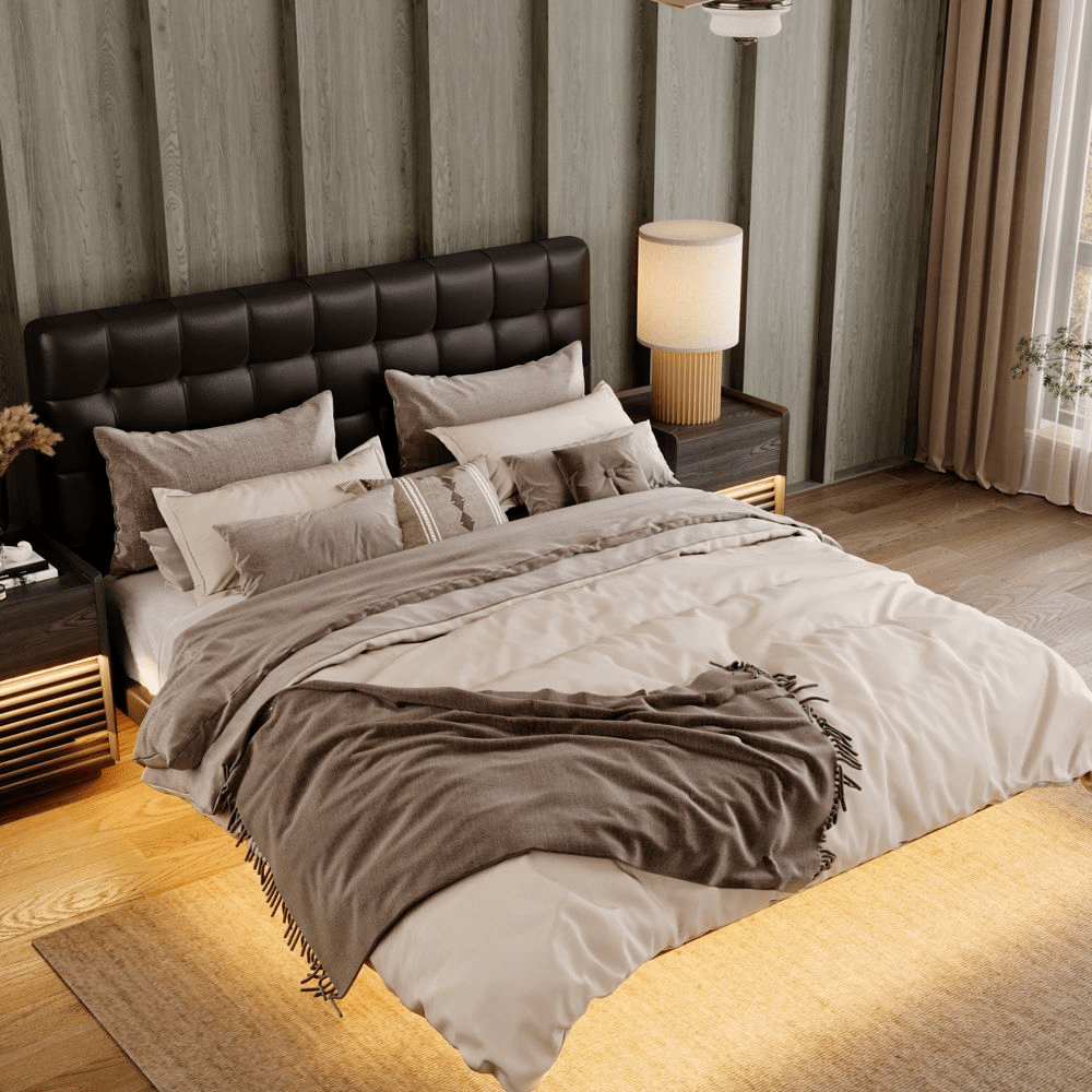 Lumo 156 cm Waffle Leather Floating Bed with Smart Lighting - Exclusivia