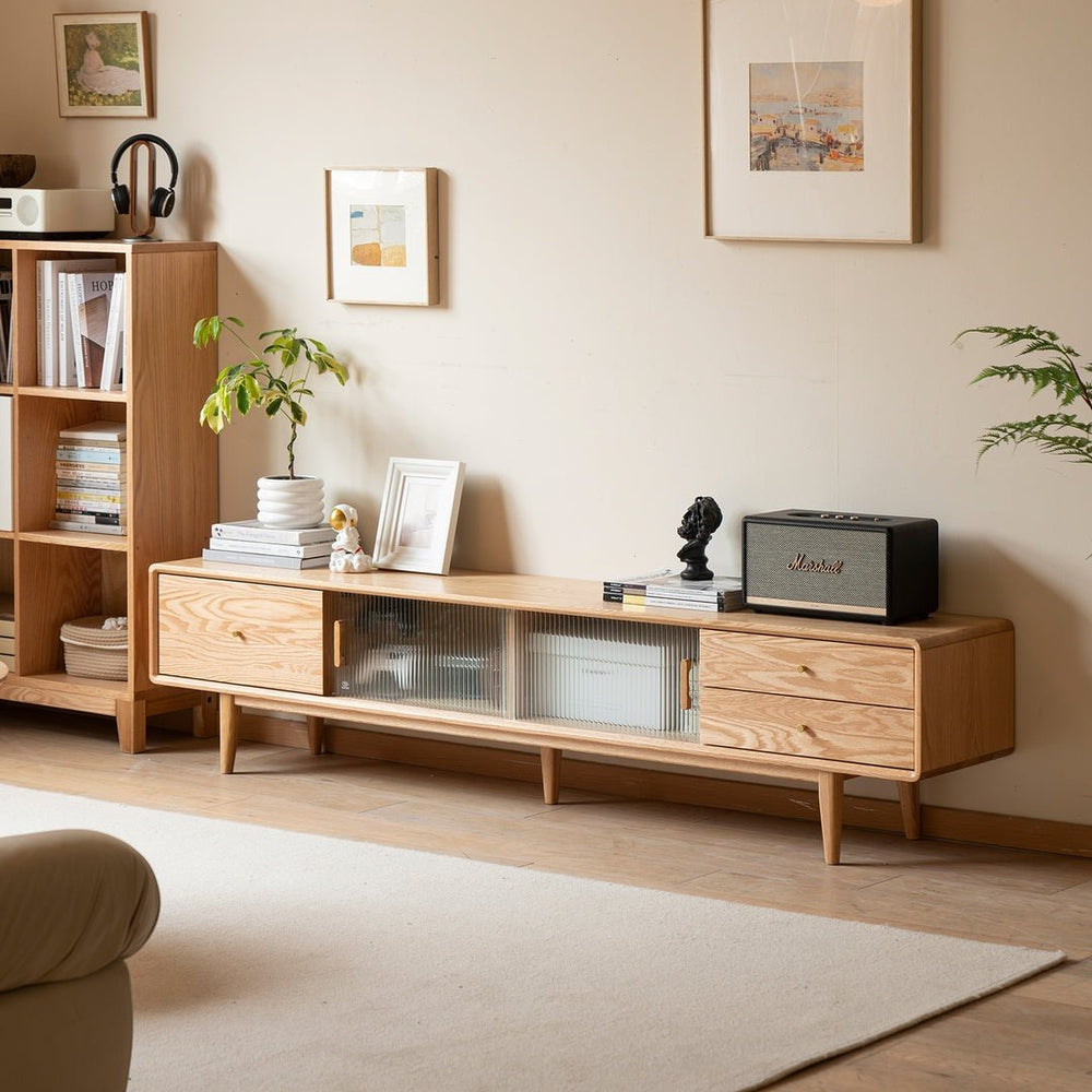 Mossura Oak Wood Glass TV Console - Exclusivia