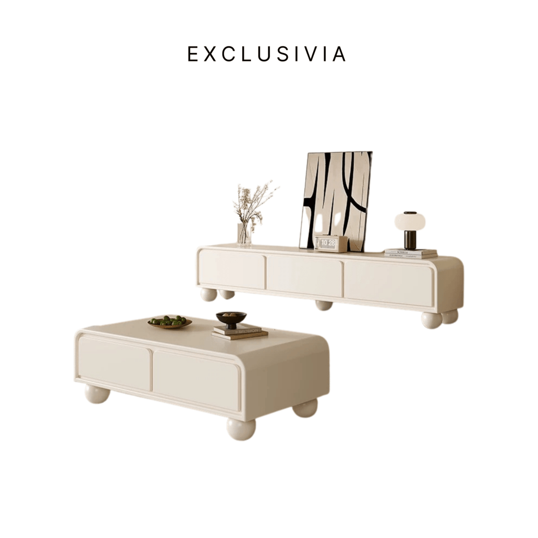 NOVA Cream Lacquer TV Console & Coffee Table Set - Exclusivia