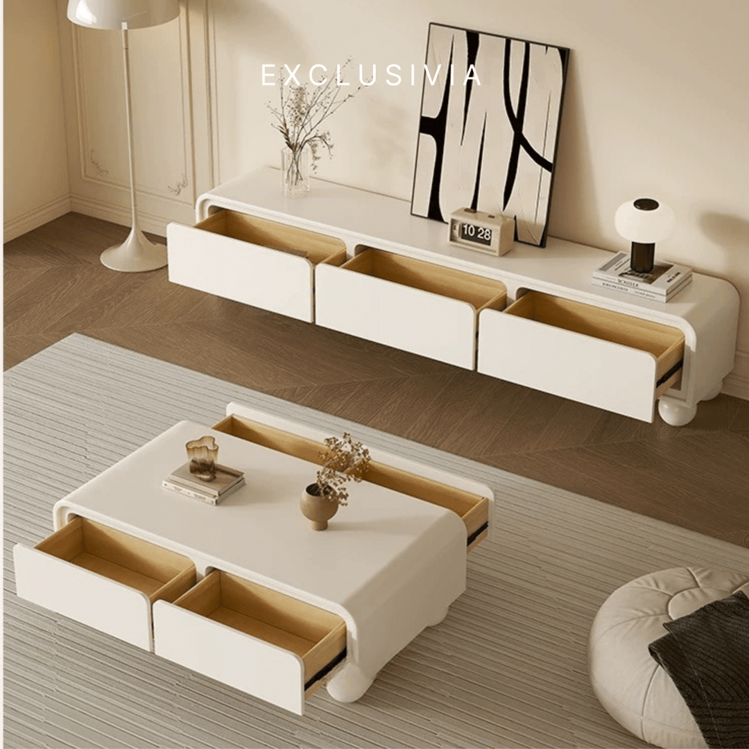 NOVA Cream Lacquer TV Console & Coffee Table Set - Exclusivia