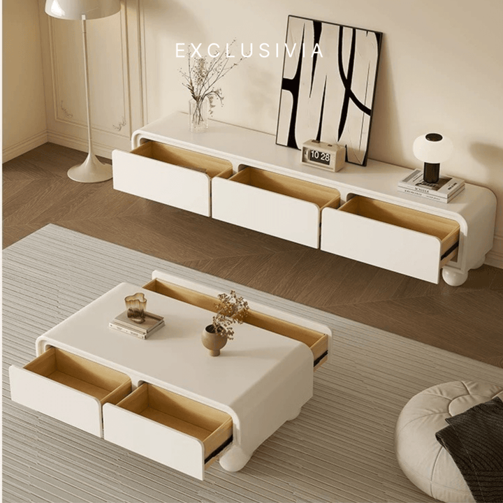 NOVA Cream Lacquer TV Console & Coffee Table Set - Exclusivia