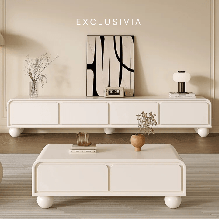 NOVA Cream Lacquer TV Console & Coffee Table Set - Exclusivia