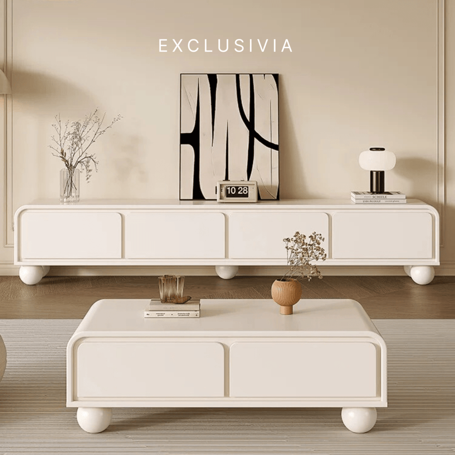 NOVA Cream Lacquer TV Console & Coffee Table Set - Exclusivia